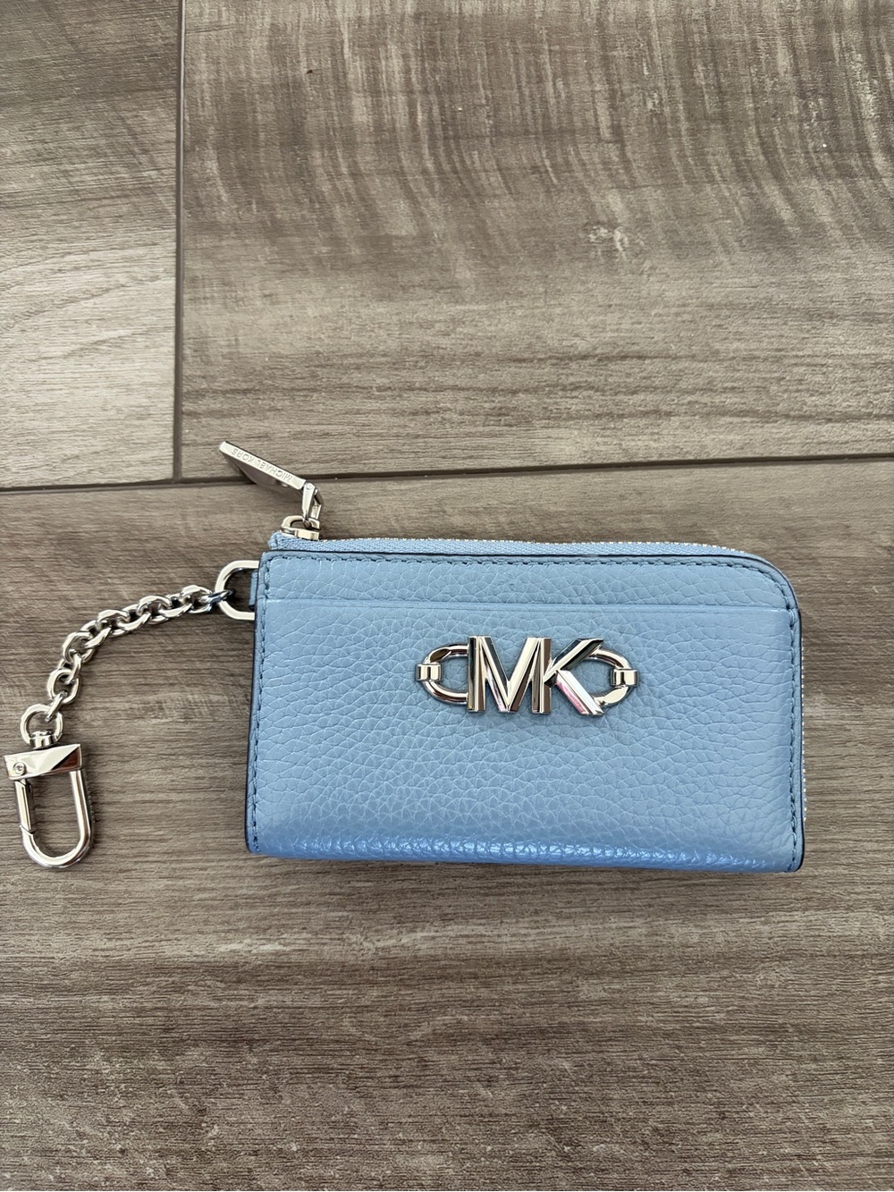 Michael Kors Light Blue Leather Zip Around Wallet with silver hardware